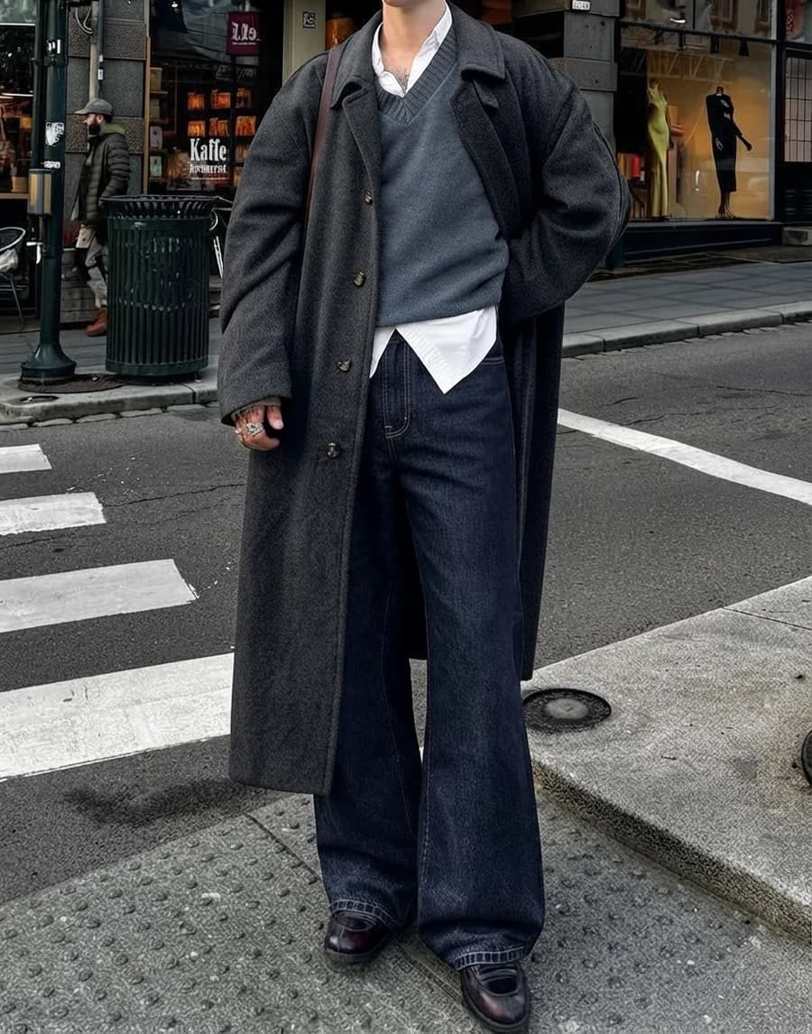 Men's winter outfit: charcoal overcoat over a grey sweater, white shirt and wide dark jeans