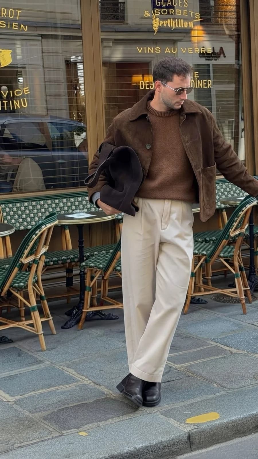 Men's winter outfit: brown suede jacket with chunky knit and cream pleated trousers