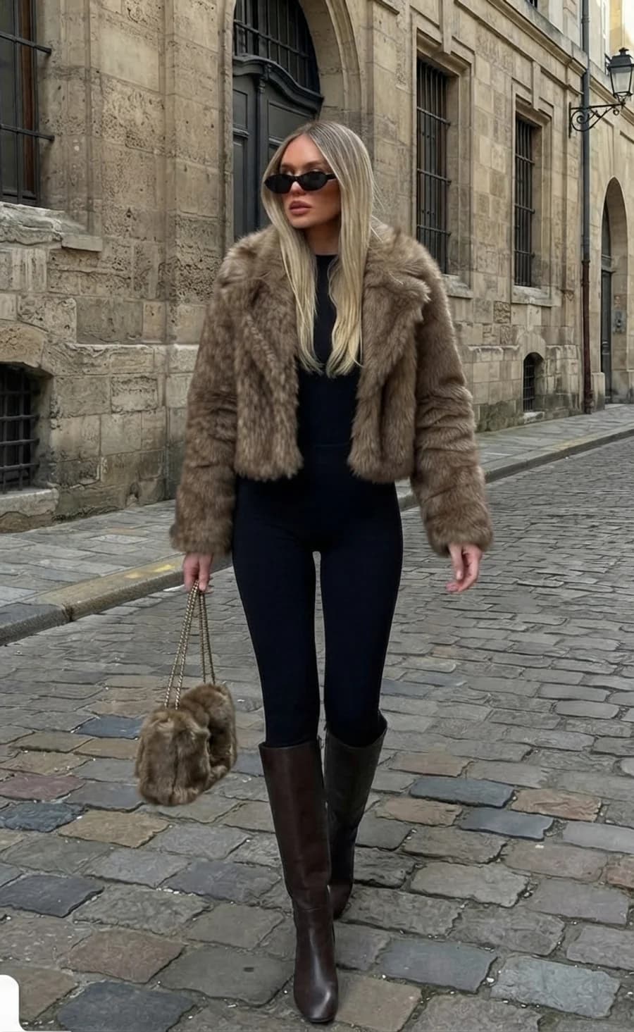 Women's winter outfit: cropped faux-fur jacket with black leggings and knee-high boots
